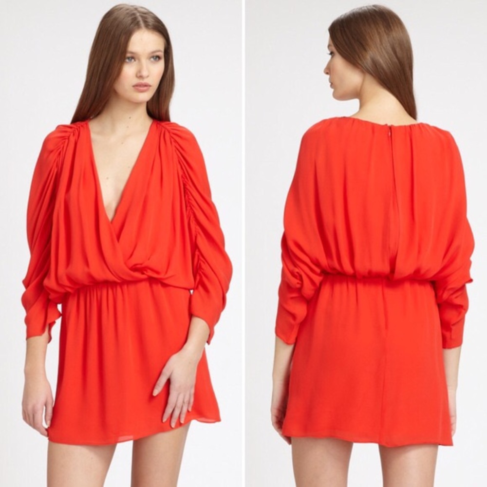 $298 Parker Ruched Sleeve Deep V Plunge Dress HOT